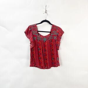 2/$30 Hollister Small Womens Boho Print Embroidered Red Square Neck Top